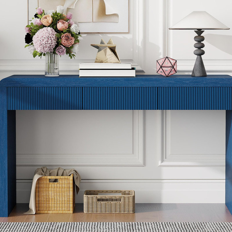 Console rustique avec 3 tiroirs cannelés - Table d'entrée en placage de bois massif avec grain de bois naturel pour le salon, couloir (bleu marine)
