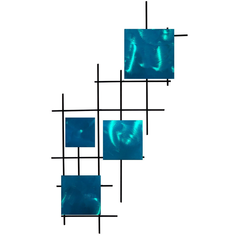 Art mural moderne en métal carrés modernes - grille noire avec disques interchangeables, Bleu sarcelle bonbon