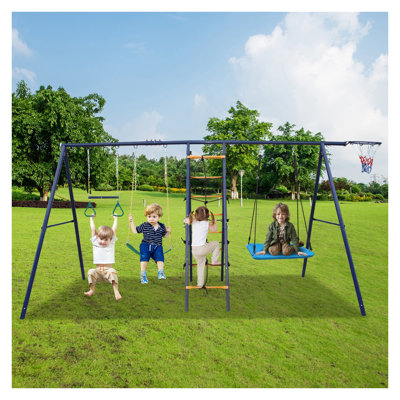 6-in-1 Metal Swing Set with Climbing Ladder, Net, Trapeze Bar, Hammock Swing, Belt Swing, and Basketball Hoop for Backyard Play