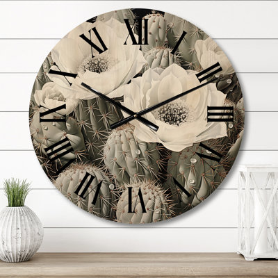 Grey Cactus Elegance in Monochrome III - Floral Oversized Wood Wall Clock