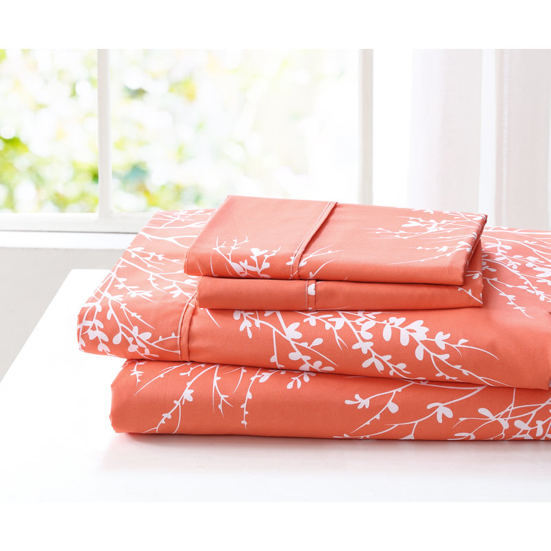 Microfiber Floral Sheet Set, Twin Sheet Set + 1 Fitted Sheet + 1 Pillowcase, Coral