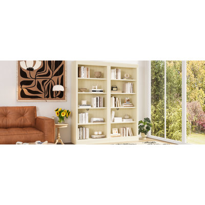 Bibliothèque moderne 83 po avec éclairage à DEL de 83 po, tablettes réglables, bois massif et jaune beige pour le salon, tablettes décoratives de bureau, espaces de rangement multiples, grand, jaune
