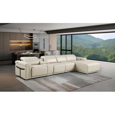 Canapé modulaire 5 pièces en forme de L beige en cuir italien fleuri beige avec 1 fauteuil inclinable électrique et appuis-tête réglables