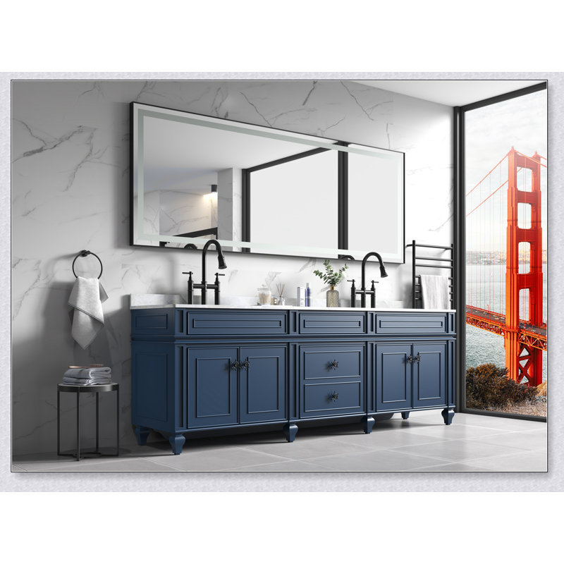 Miroir de salle de bain 96 x 48 pouces à DEL avec cadre en aluminium, miroir de meuble-lavabo mural, anti-buée, mémoire, 3 couleurs, réglable en continu