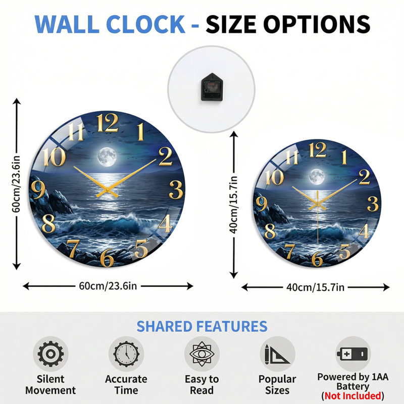 Horloge murale de 23,6 po Moonlit, 60 x 60 cm (23,6 x 23,6 pouces)