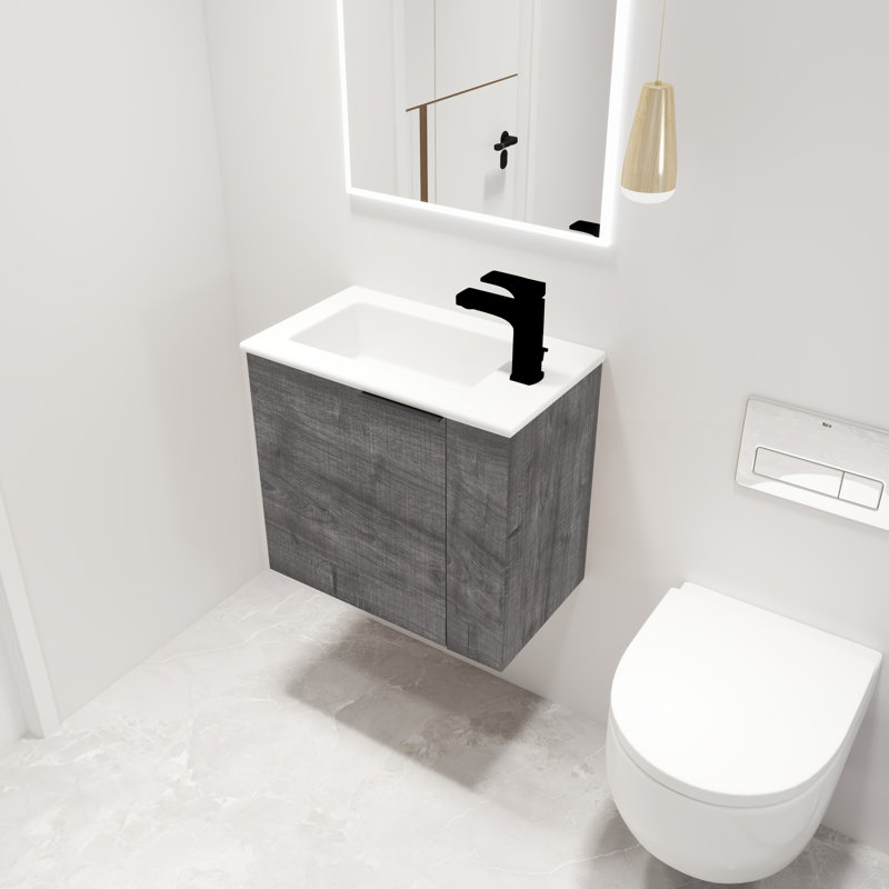 Damariay  22"Single Sink Wall Mounted Bathroom Vanity,Floating Vanity with 1 Door,White Ceramic Sink Top, Gray