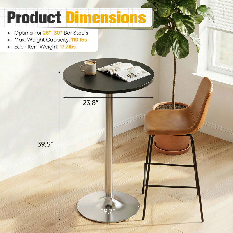 39.5" Pedestal Height Dining Tables, Round Bistro Bar Tables, Black, Silver