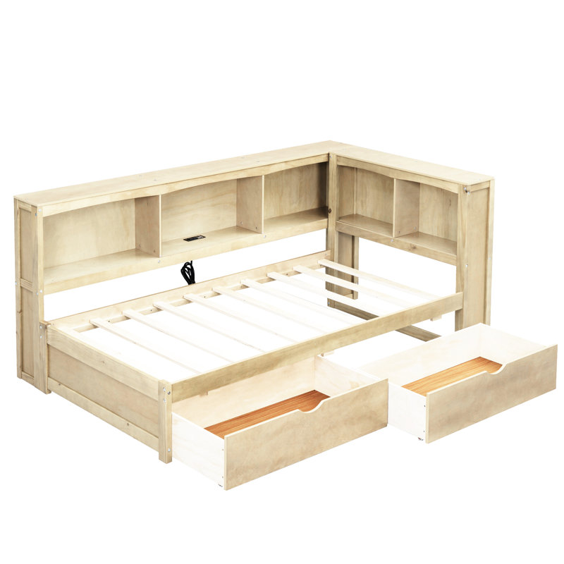 Lit de jour simple en bois avec espaces de rangement, deux tiroirs et ports dans les tiroirs, solutions pratiques de chargement