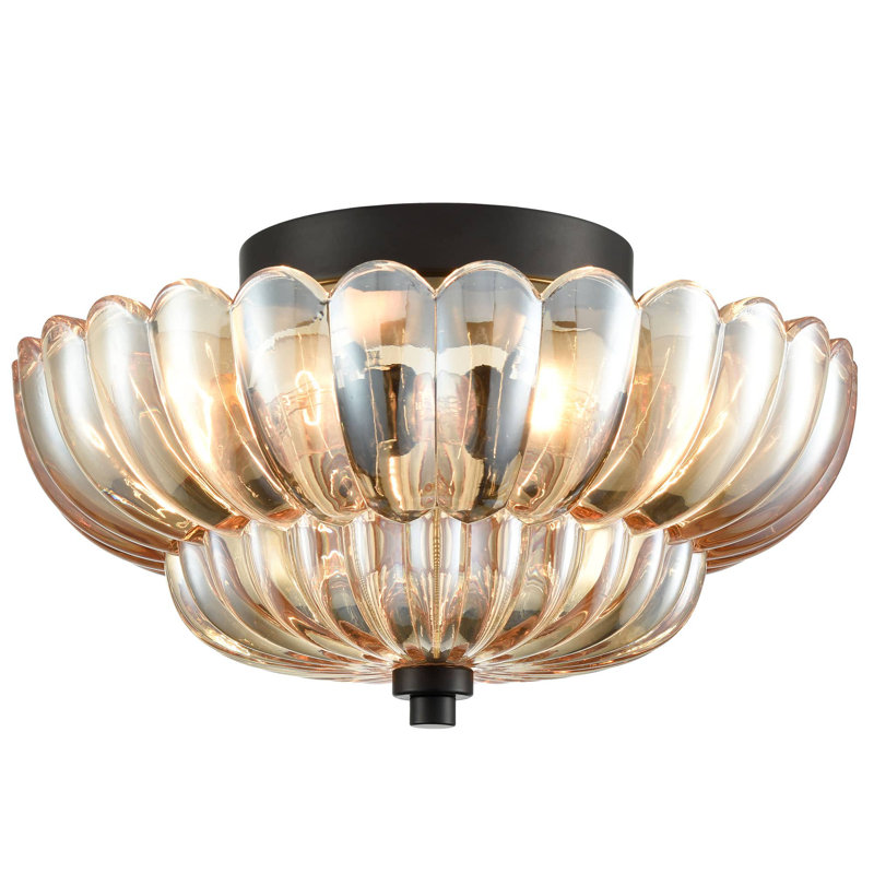 Plafonnier semi-encastré 3 lumières moderne en métal avec verre transparent festonné pour salon, Noir / Ambre