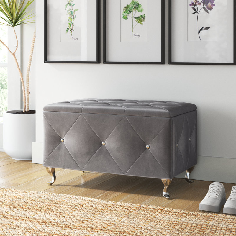     Banc de rangement en velours Carnes, Gris argenté, H 18,9 po x l 30 po x P 18,3 po