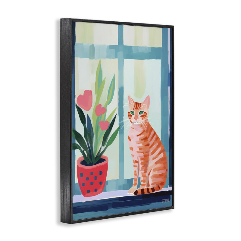 Chat et tulipes dans un rebord de fenêtre, estampe numérique par Roozbeh Bahramali, H 18 po x l 12 po