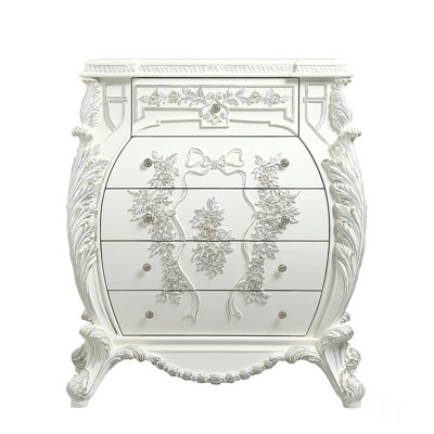 Commode blanche antique Vanaheim avec 5 tiroirs de rangement, mécanisme de fermeture automatique et arrêts de sécurité pour un rangement élégant et fonctionnel