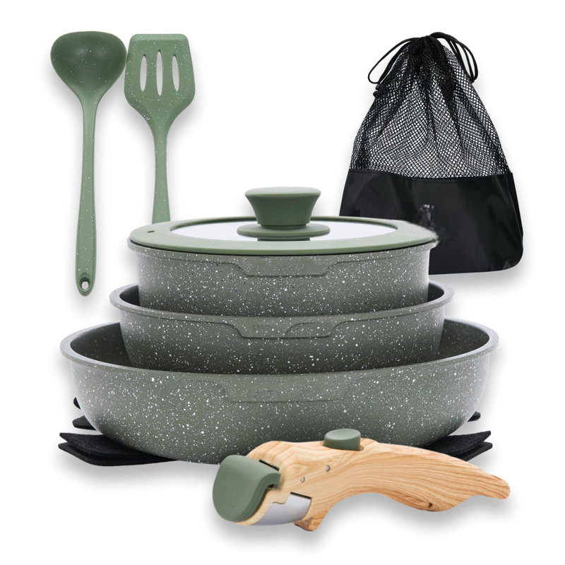 10 Pcs Pots And Pans Set Non Stick, Nonstick Kitchen Cookware Sets Detachable Handle, Induction Pots And Pans Set With Removable Handle, RV Cookware For Camping, Oven Safe, PFOS, PFOA Free, Green