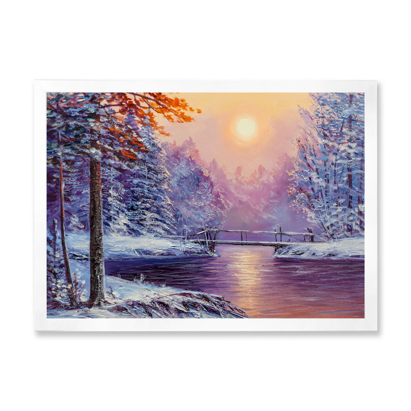 Coucher de soleil sur un pont de rivière d'hiver, art mural traditionnel sur toile, H 16 po x l 32 po x P 1 po