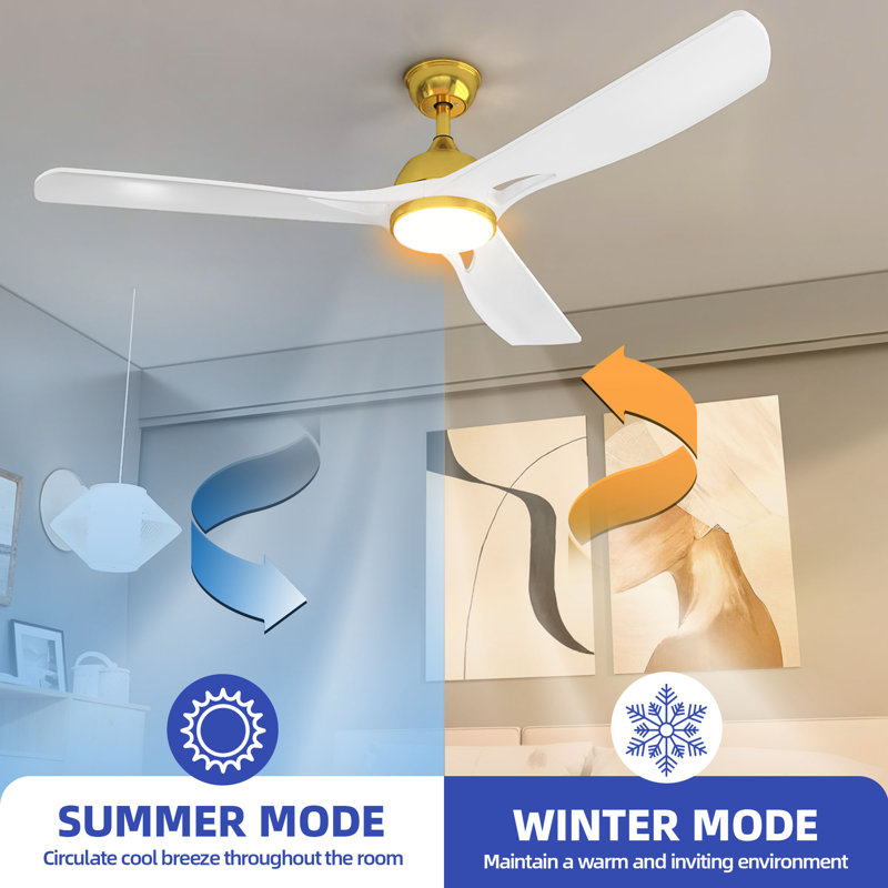 56-Inch Ceiling Fan with LED Light, App & Remote Control, Reversible DC Motor, Gold, White
