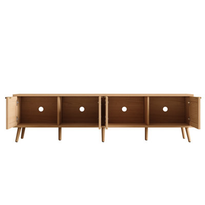 Meuble télé moderne de 70 pouces avec portes en rotin pour téléviseurs jusqu'à 80 pouces, console multimédia avec espace de rangement et passe-câbles.