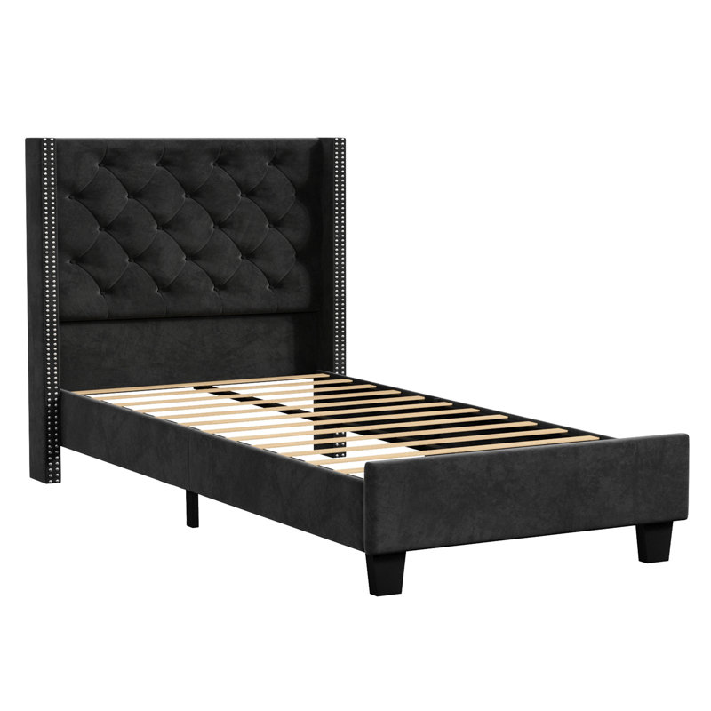 Meriton Wingback Upholstered , Metal frame, No Box Spring, Plywood Slats, Black, Twin
