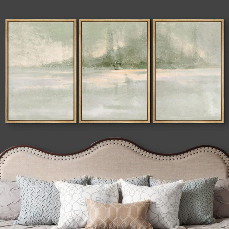 Minimaliste vert pastel grunge paysage formes abstraites moderne Art Decor Chic, H 24 po x l 48 po, Cadre flottant noir