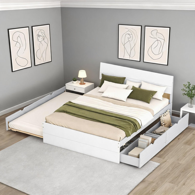 Lit plateforme double en bois massif blanc avec lit gigogne simple et deux tiroirs de rangement pour la chambre à coucher