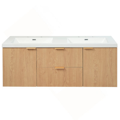 Meuble-lavabo double 59,3 po avec plateau en résine SMC, armoire en panneau de fibres à densité moyenne peint avec cadre en bois massif, portes à fermeture en douceur, tiroirs divisés, meuble-lavabo mural moderne