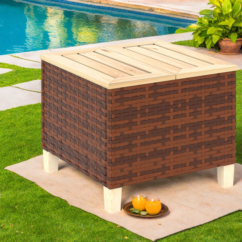 Rustic Patio Tables, PE Rattan and Fir Wood, Compact Outdoor End Table