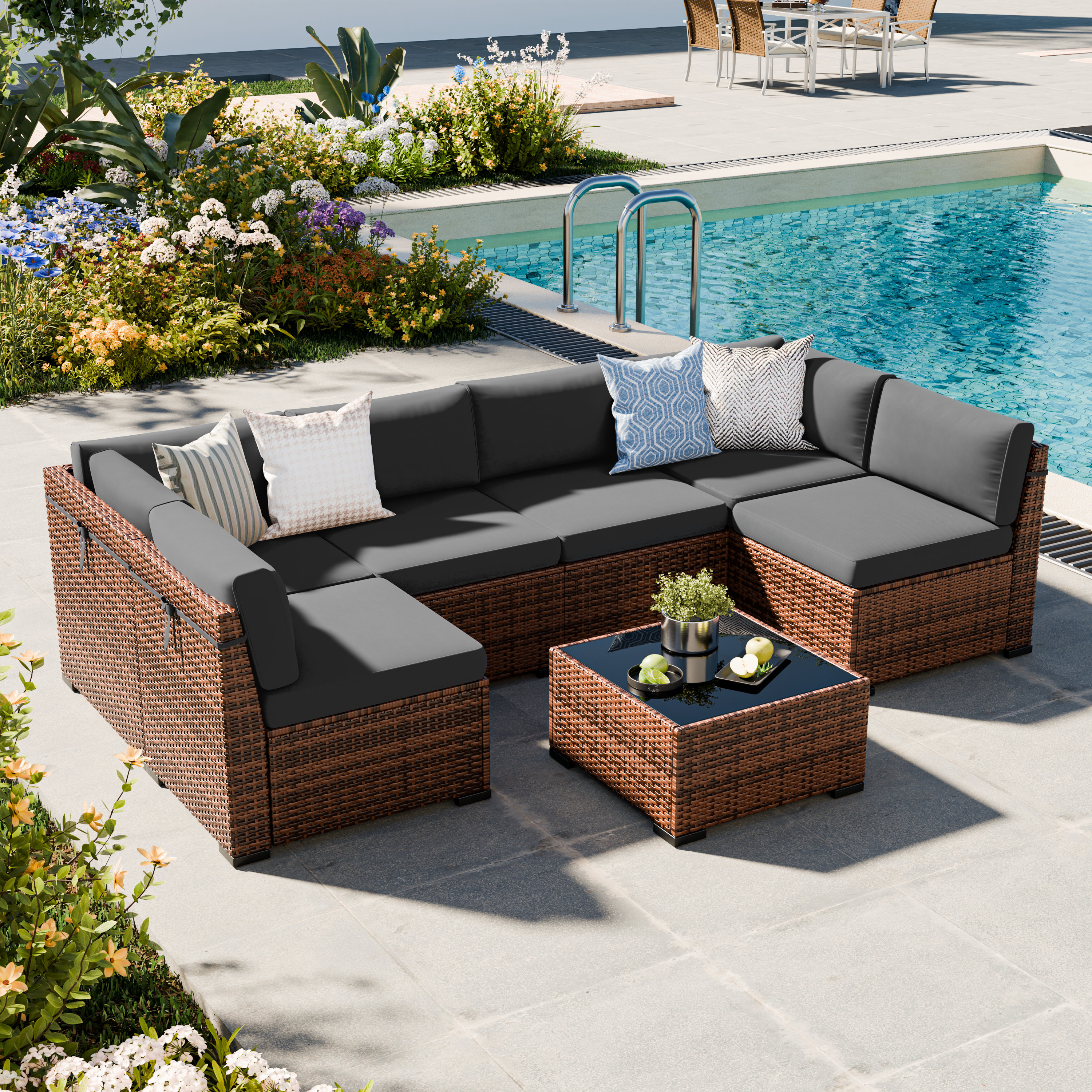 Treyshun 7 Piece Wicker Outdoor Modular Sectional Seating Group with Optional Fire Pit Table