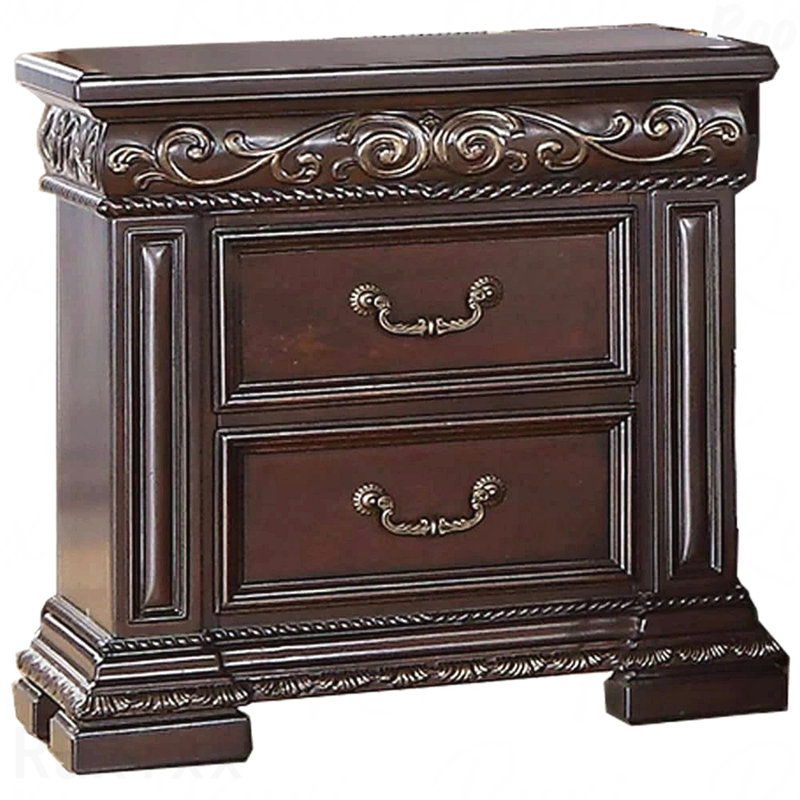 Traditional Ornate 2-Drawer Nightstand (Dark Cherry Finish)