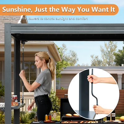 Ensemble de pergola grillagée en aluminium 5 x 8 pi - Toit à persiennes réglable avec tables de bar d'extérieur