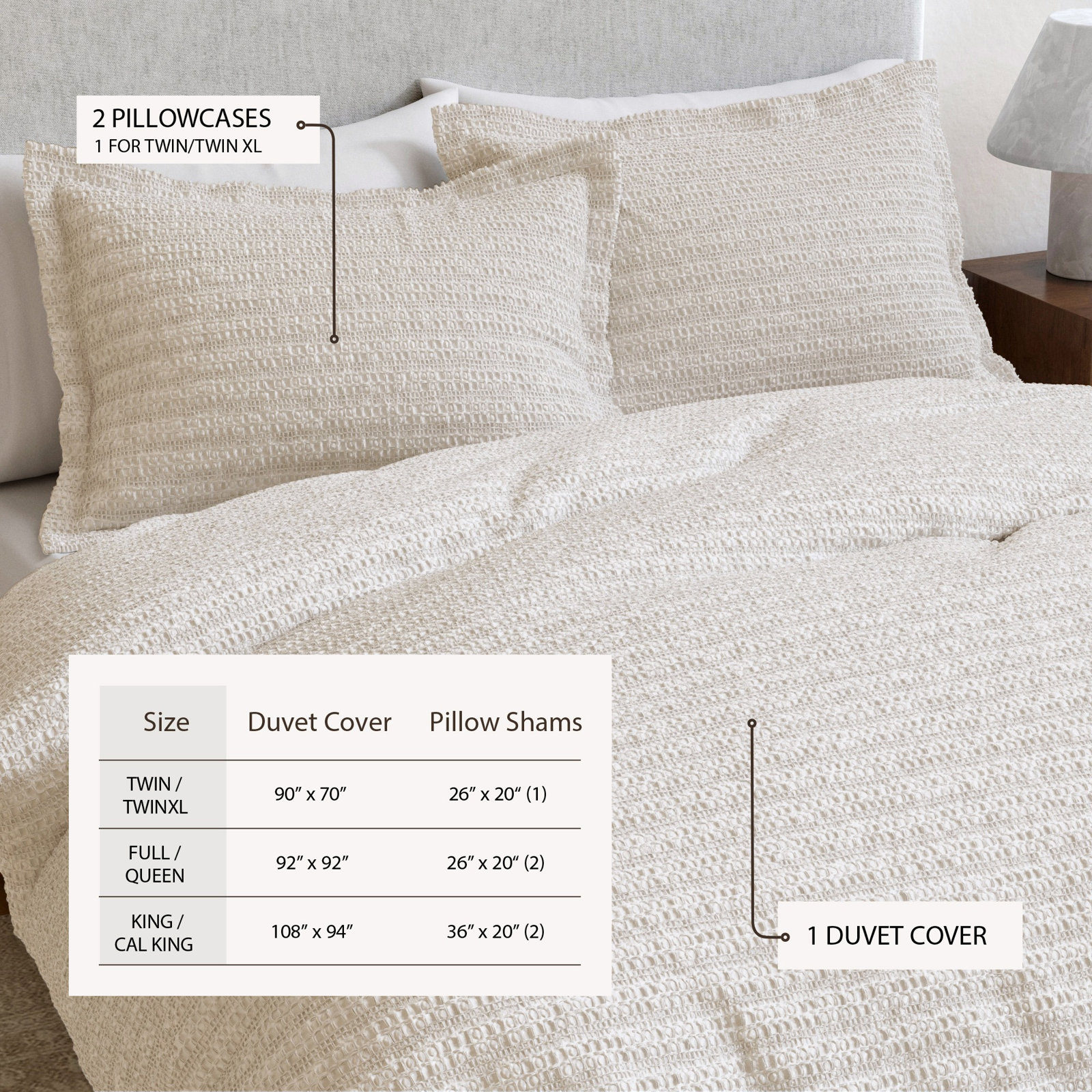 Waffle Cotton Duvet Cover Set, Natural, Full / Queen Duvet + 2 Shams