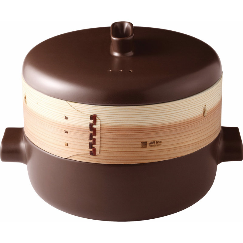 9.25" Ceramic/Terra Cotta/Wood Food Steamer, Chocolate Brown, 13.6" H x 13.6" W x 10.6" D