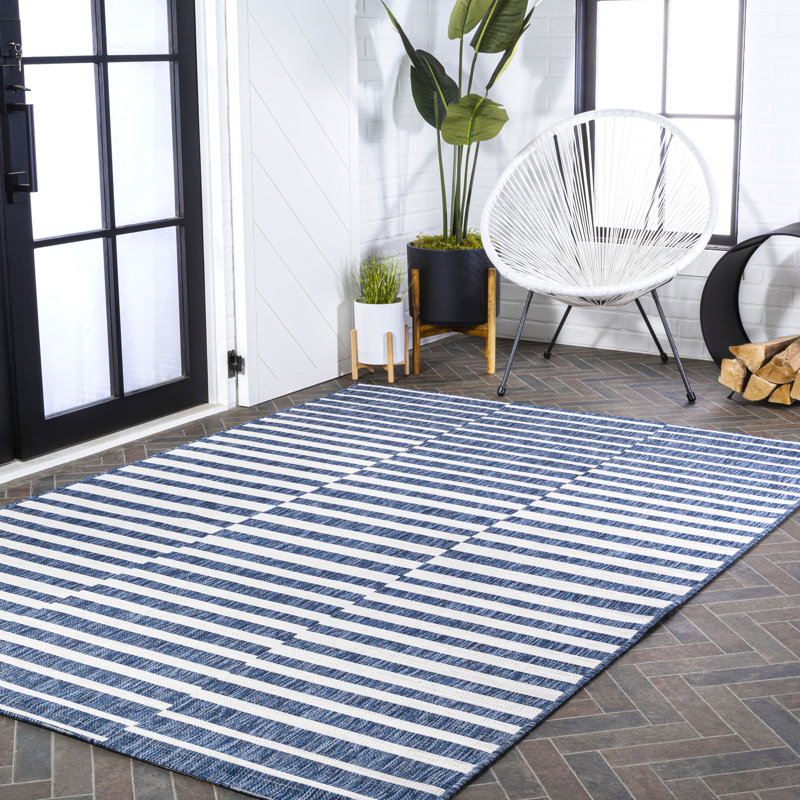 Anite Modern Offset Stripe Blue/Ivory Indoor/Outdoor Rug, Rectangle 3'11" x 6'