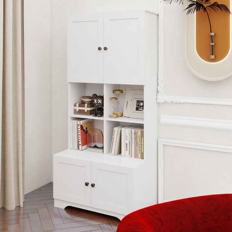 Armoire de rangement haute et large pour salle de bain, unité de rangement pour salle de bain, armoire autoportante avec 4 portes, tablettes réglables, tablettes ouvertes multicouches, blanc