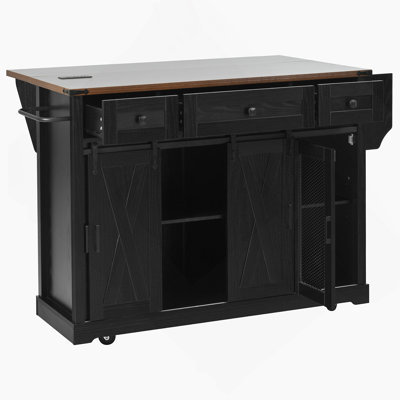 58" Farmhouse Kitchen Island With Storage, Sliding Barn Door & Metal Grid Side Door, Rolling Kitchen Island On 5 Wheels With Spice Rack, Glass Holders,Island Table With Drop Leaf