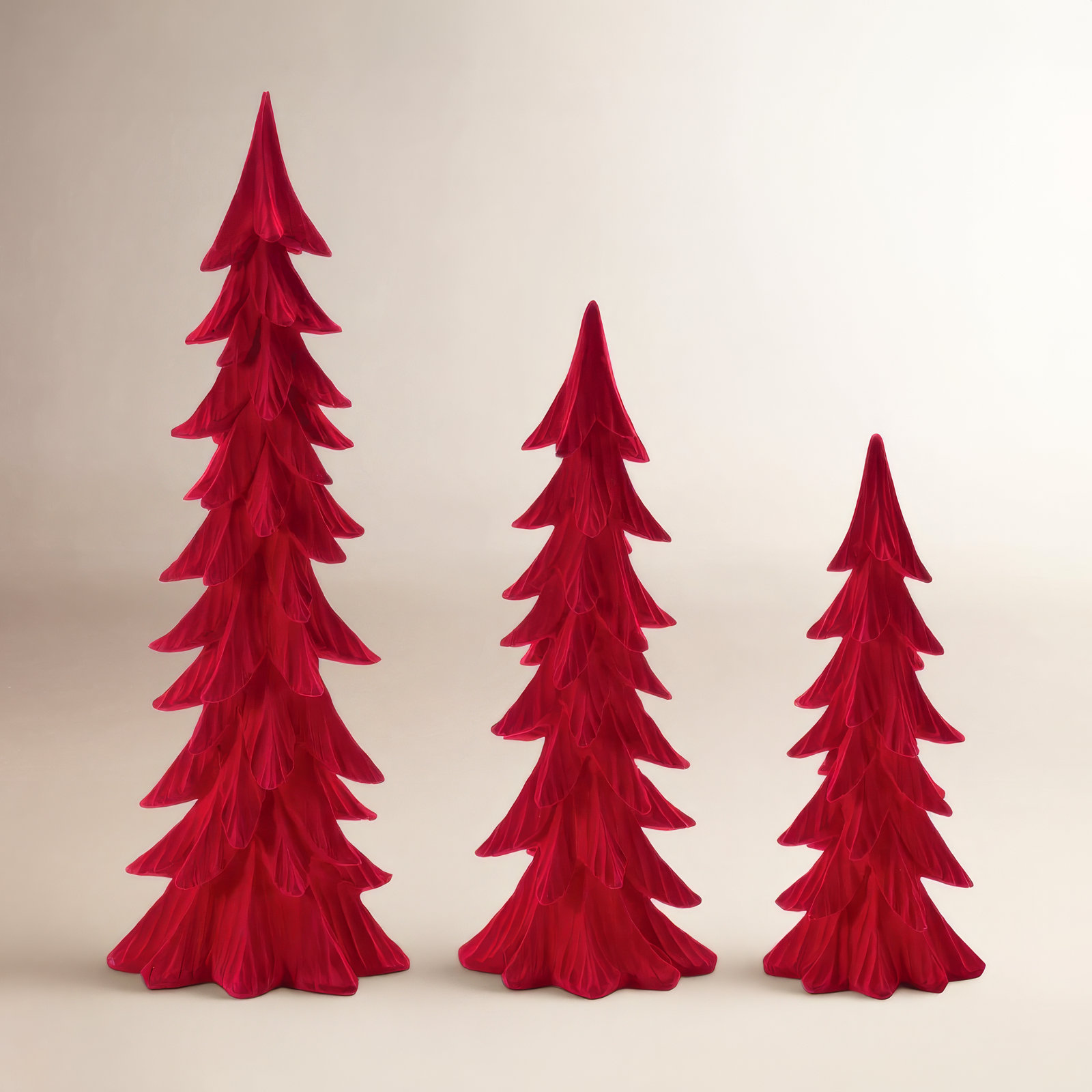 3-Piece Velvet Pine Tree Sculpture, Beige