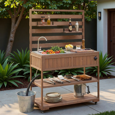 Grand chariot de cuisine pour îlot de cuisine avec évier, plateau de table en acier inoxydable, tablettes ouvertes, 2 tablettes mobiles et 1 ouvre-bouteille