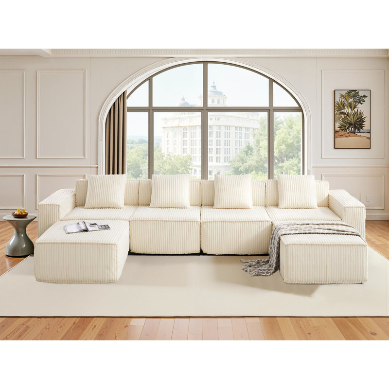 Boneless L-shaped or U-shaped corduroy modular sofa, freely configurable, boneless design, Beige Corduroy