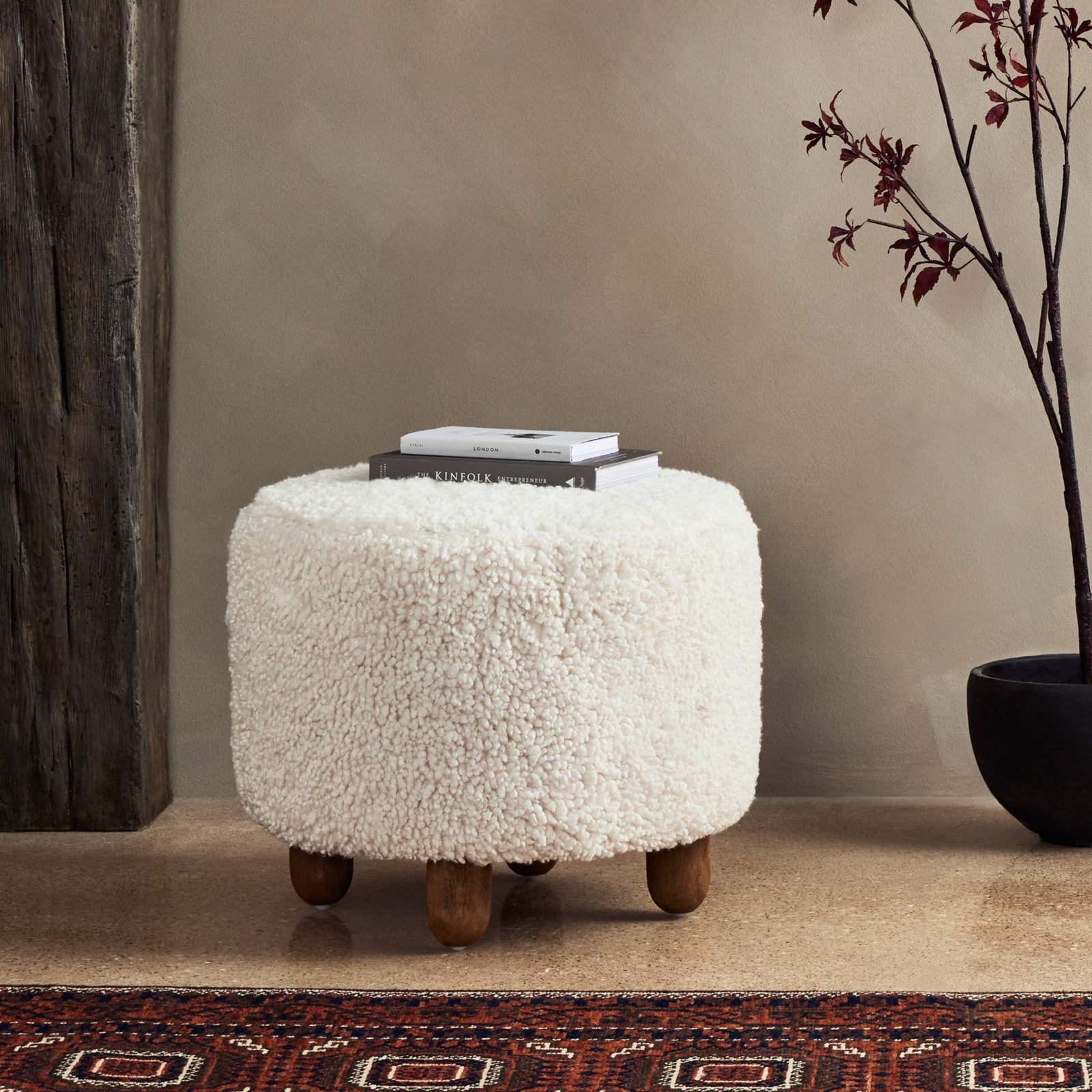Risco 23" Ottoman, Ivory Sherpa, Espresso Oak