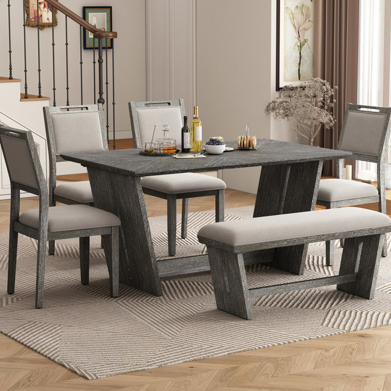 6-Piece Retro Dining Set, 1 Rectangular Table with 4 Upholstered Chairs and 1 Bench, Gray
