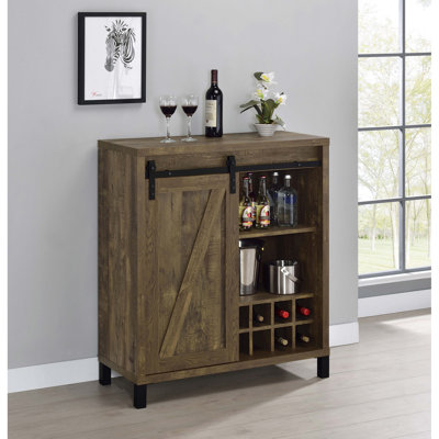 Style Bar Cabinet With Rustic Oak Veneer Sliding Door, Eight - Bottle Capacity Engineered And Wine Storage Option