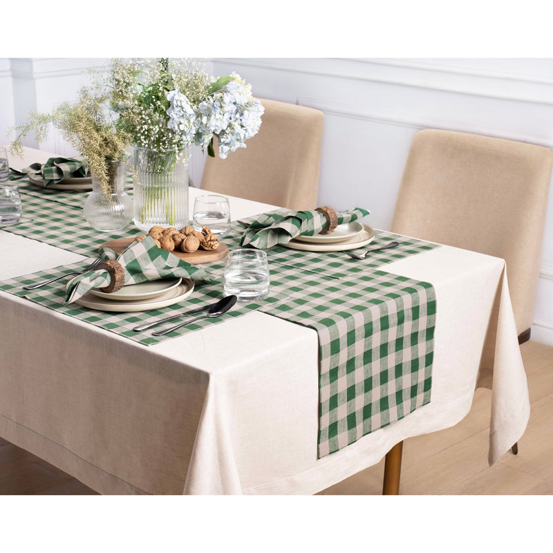 Green and Natural Check Linen Dinner Napkins Set of 4