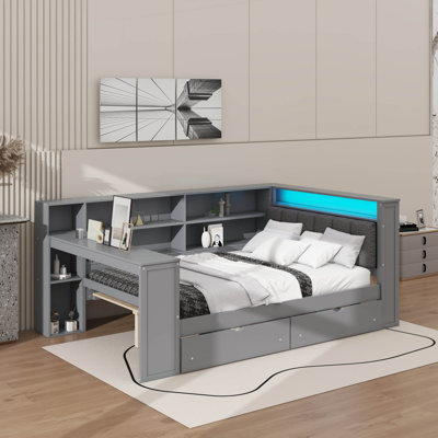 Wooden Full-Size Platform Bed With Integrated Storage, Pull-Out Drawers, Charging Ports, LED Illumination, And Work Desk