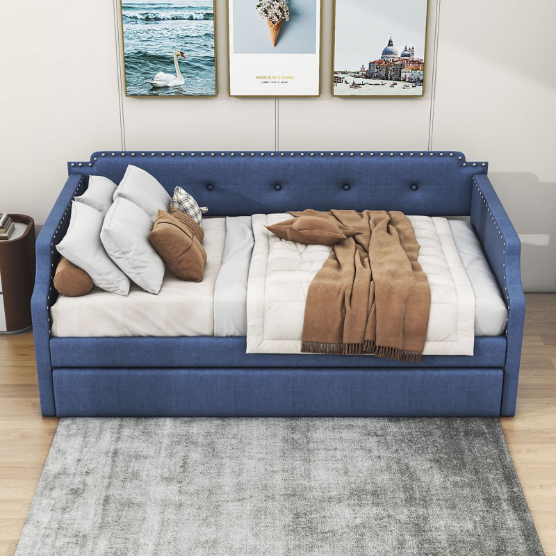 Venancio Twin Size Upholstered Daybed with Twin Size Trundle and Slat Support, Blue