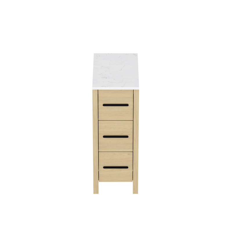 Meuble-lavabo de 12 po, comptoir en contreplaqué, base de meuble-lavabo indépendant, conception texturée, fonctionnement silencieux des tiroirs, assemblage sans effort, look minimaliste contemporain, teinte de bois naturel