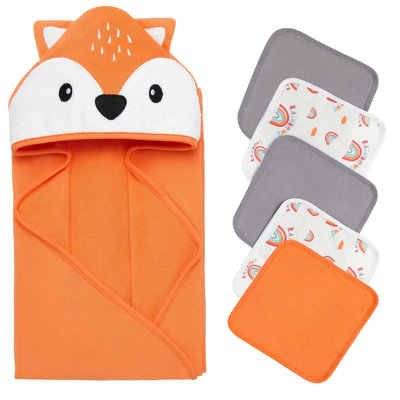 6Pcs Set, Large Hooded Bath Towel, Fox Hooded Bath Towel With 5 Washcloths, Quick-Drying, Ultra Absorbent And Non-Balling, Soft, 1 Bath Towel (30''X30''), 5 Washcloth (9''X9''), For Bath, Beach & Swimming