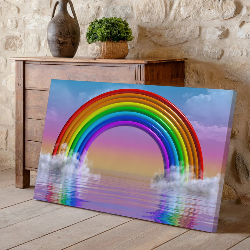 Toile, "Scène surréaliste vibrante" avec art mural arc-en-ciel multicolore arqué gracieusement sur fond de toile de fond