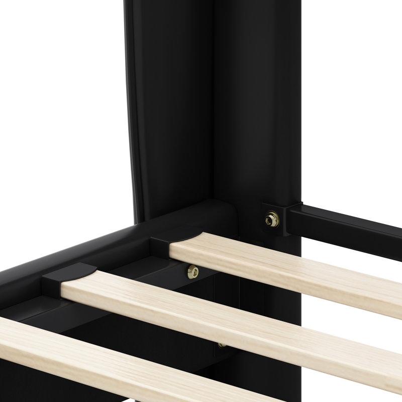 Lit noir avec tête de lit à oreilles, formes géométriques, 4 pouces sous le lit, surface facile à nettoyer, structure en cuir à base de bois, formes sur pieds en métal doré, peau confortable