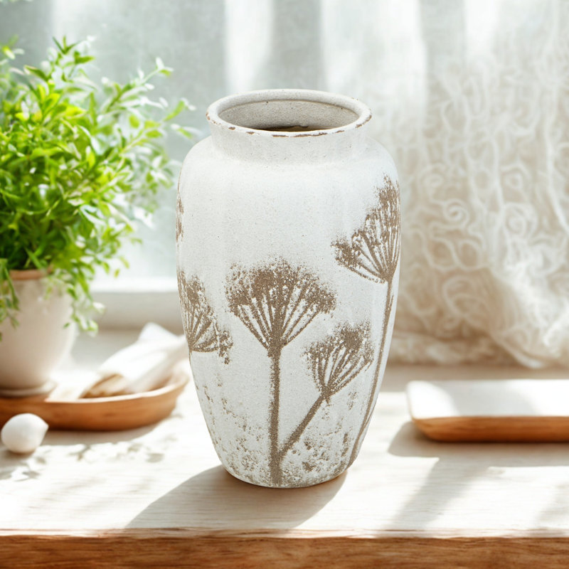 Vase cylindrique en céramique 8 x 8 x 13,5 po avec motif botanique brun