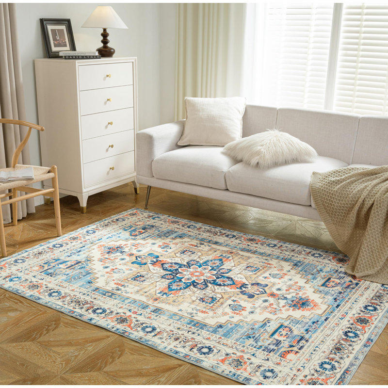 Machine Washable Area Rugs For Living Room Non-Slip Backing Foldable Boho Floral Carpet Rugs, Rectangle 5' x 7'