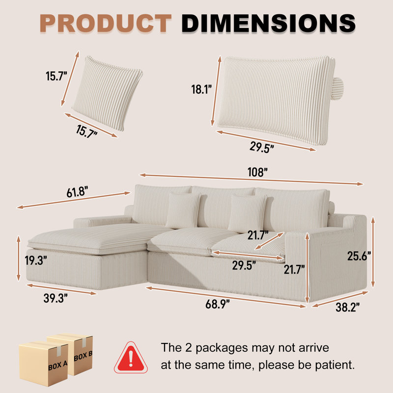 Canapé modulaire en velours côtelé à assise profonde de 108 po sans assemblage Boneless, Velours côtelé beige