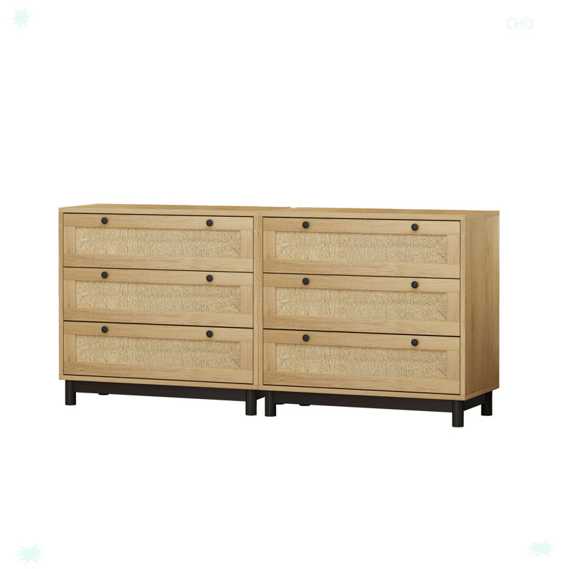 Armoire de rangement 3 tiroirs avec corde tissée et tiroir (ensemble de 2), Chêne / noir
